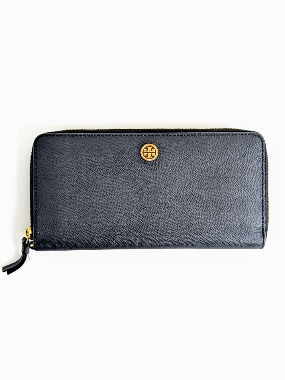 Tory Burch Robinson Continental Wallet Black Saffiano Leather Zip Around Gold